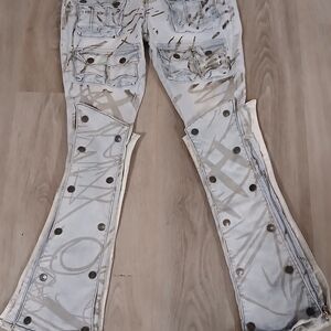 MEN Cargo Pants LIGHT Blue SNAPS & ABSTRACT DESIGNS Denim Waist 28"  UNISEX